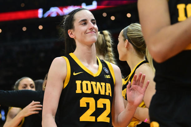 In 2024, in Cleveland, OH, USA, Iowa Hawkeyes guard Caitlin Clark (age 22) reacts following her team's victory over the South Carolina Gamecocks in the women's 2024 NCAA Tournament Final Four at Rocket Mortgage FieldHouse.
© by Athlon Sports, Ken Blaze-USA TODAY Sports